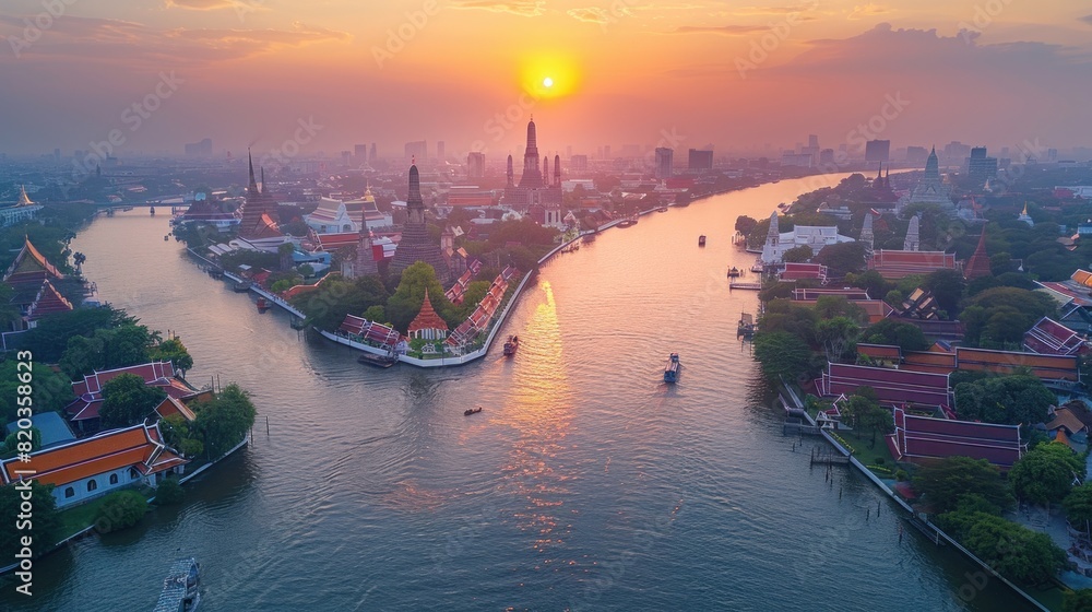 Bird's-eye view of the historic Wat Arun by the Chao Phraya River Bird's-eye view of the historic Wat Arun by the Chao Phraya River