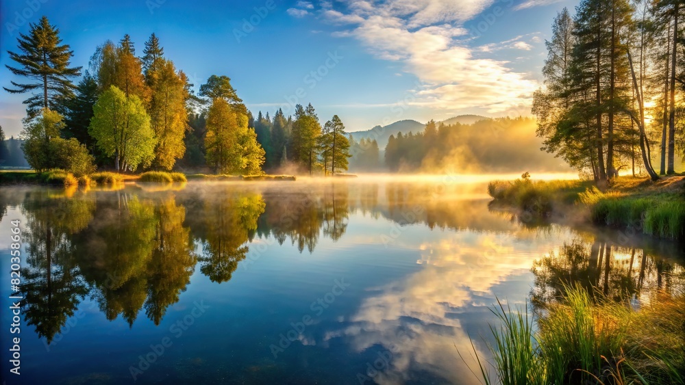 A tranquil morning by the lake, with mist rising from the water