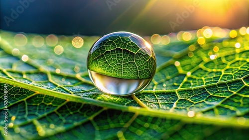 A macro shot of a single dewdrop clinging to the edge of a delicate leaf, capturing the intricate patterns of refracted light within its translucent sphere against a backdrop of lush foliage. photo