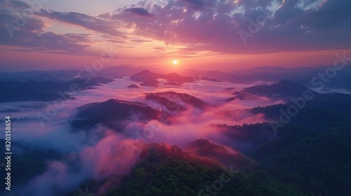 Drone capture of the sunrise over Doi Inthanon National Park