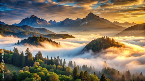 A misty morning in the mountains, with soft clouds enveloping the peaks photo