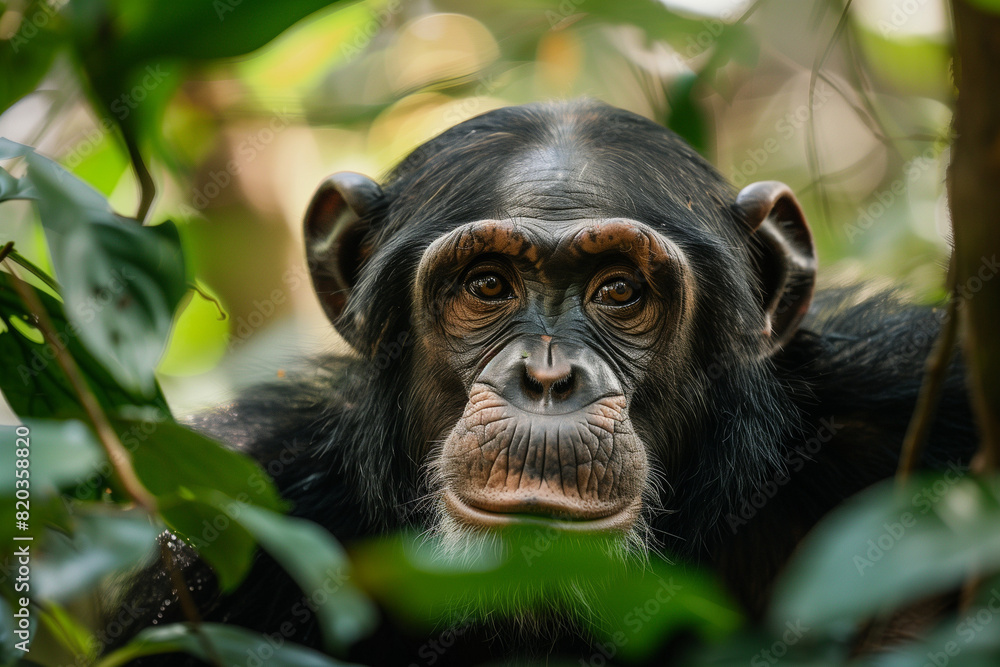 Portrait of a chimp in the wild, liberated monkey enjoys its natural habitat, symbolizing the beauty of animal freedom, with generous copy space Portrait of a chimp in the wild, liberated monkey enjoys its natural habitat, symbolizing the beauty of animal freedom, with generous copy space