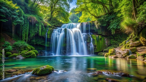 A secluded waterfall hidden deep in the forest  its cascading waters creating a natural  free space for awe and wonder