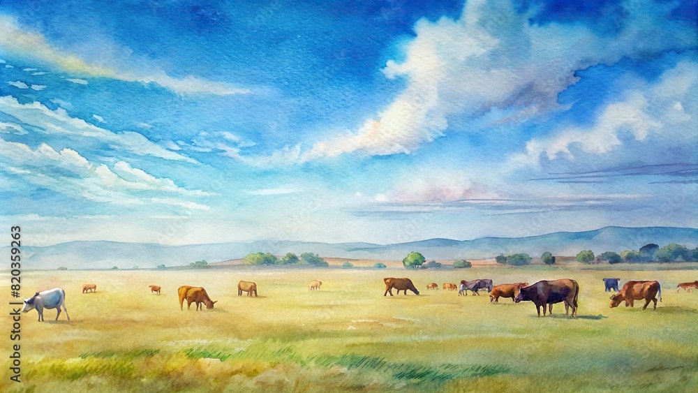 A herd of cattle grazing on a vast, open pasture under a clear blue sky