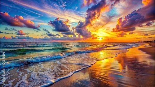 A peaceful beach at sunset, with gentle waves lapping against the shore and a colorful sky overhead photo