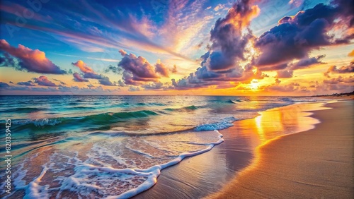 A tranquil beach at sunset, with gentle waves lapping against the shore and pastel colors painting the sky.