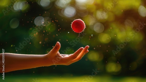 Hand tossing small red ball with sunlight and bokeh in background photo