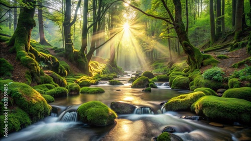 A tranquil creek flowing through a moss-covered forest, with sunlight streaming through the canopy above photo