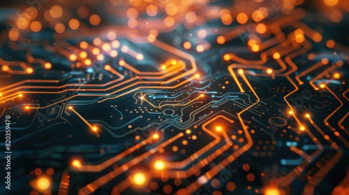 Circuit board background with glowing lights and circuit patterns.