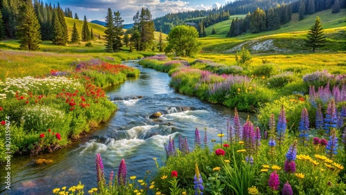 A gentle stream flowing through a lush green meadow, surrounded by vibrant wildflowers in full bloom #820359474