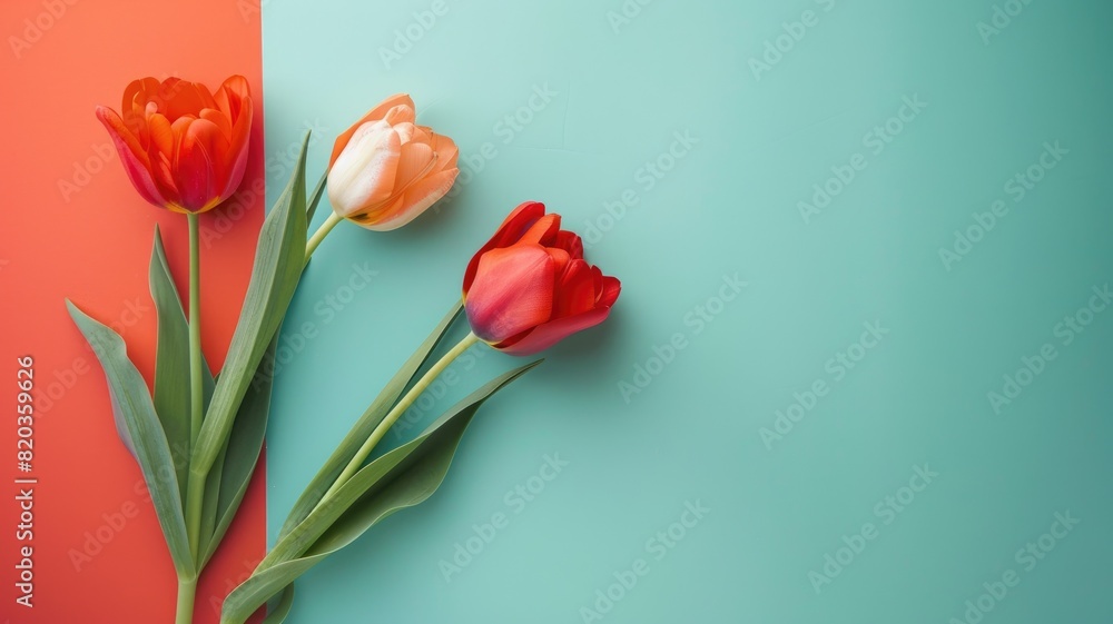 Fototapeta premium Three different colored tulips on dual-colored background