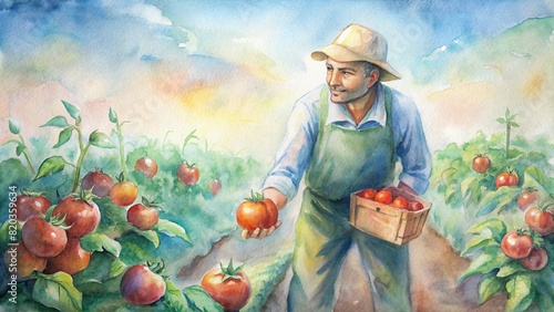 A worker harvesting ripe tomatoes on a smart farm, where technology assists in identifying and picking the best produce for market photo