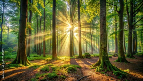 A peaceful forest scene with sunlight filtering through the dense canopy  illuminating the forest floor.