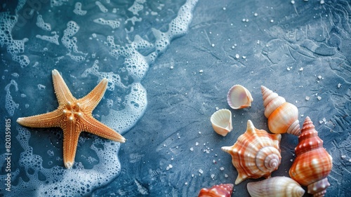 Starfish and seashells on wet rocky surface with foam