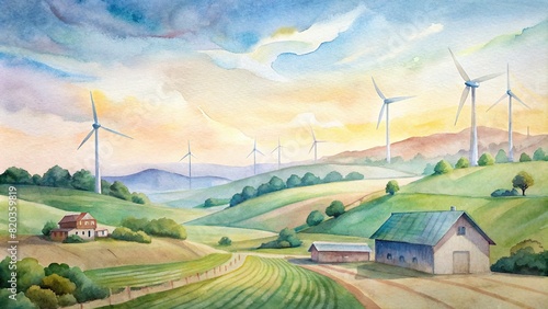 Scenic view of a smart farm with wind turbines generating clean energy in the background, symbolizing the integration of renewable resources in agriculture