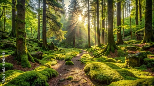 A quiet forest glen bathed in dappled sunlight, with a carpet of moss and ferns underfoot, providing a natural, free space for quiet contemplation photo