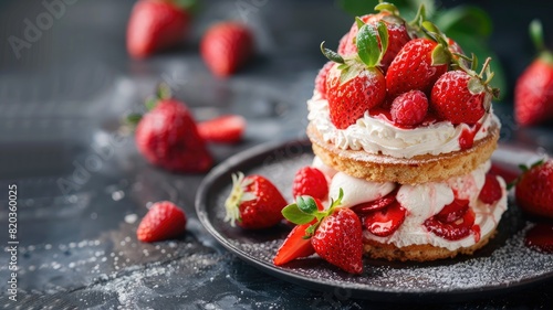 Strawberry shortcake on black plate with fresh berries and cream