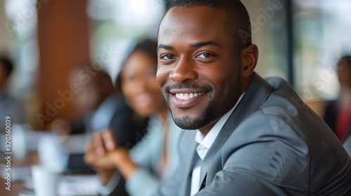 leadership and success in an office boardroom, featuring a businessman leading a meeting with a smile.