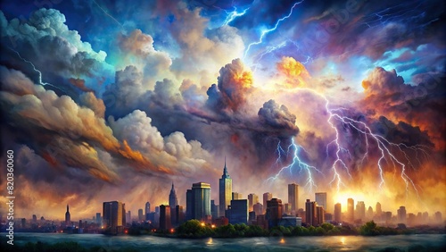 An abstract representation of a thunderstorm over a city skyline, painted in dramatic watercolor tones