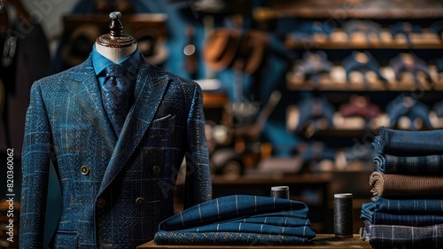 Tailored blue suit on mannequin with matching accessories in upscale boutique