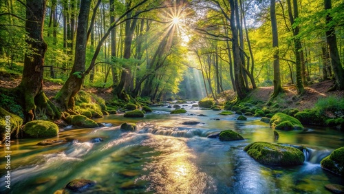 A babbling brook winding its way through a dense forest, its crystal-clear waters glistening under the sunlight, inviting exploration and contemplation. photo