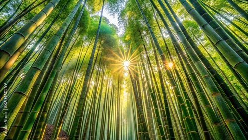 A serene bamboo forest with sunlight filtering through the dense canopy, illuminating the tranquil surroundings with a warm glow.
