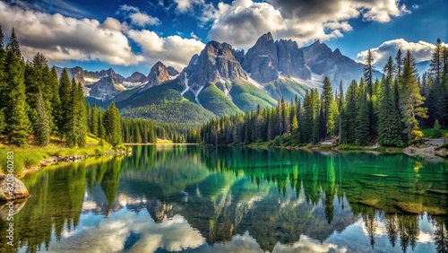 A peaceful mountain lake surrounded by towering peaks and lush pine forests  offering a sense of solitude and tranquility