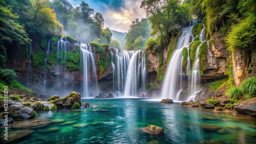 A majestic waterfall cascading down rugged cliffs into a crystal-clear pool below, surrounded by dense forest foliage and mist rising into the air. © prasit