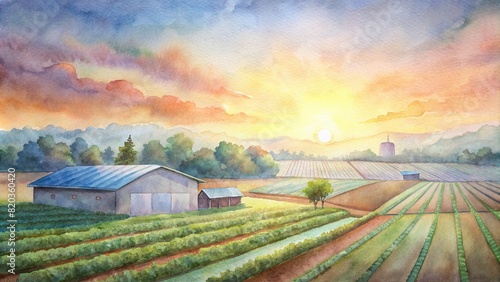 A serene sunrise over a smart farm, casting a warm glow on the fields of crops and solar panels in the distance photo