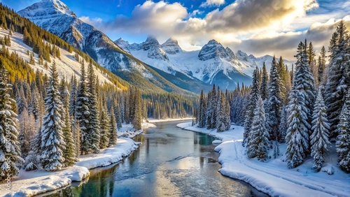 A serene mountain valley blanketed in fresh snow, with towering pine trees and a winding river cutting through the landscape