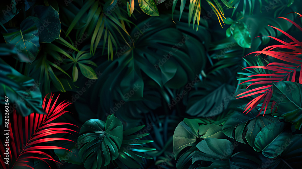 A dark green background with several different kinds of leaves and plants A dark green background with several different kinds of leaves and plants