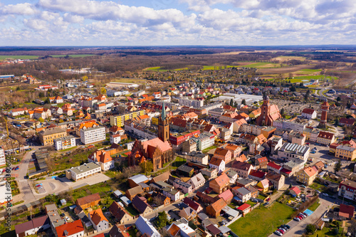 Aerial view of small Polish town of Zmigrod on spring day, Trzebnica County, Lower Silesian Voivodeship