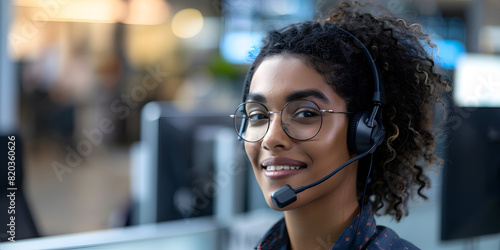 Happy woman working in a friendly call center environment, Positive female operator