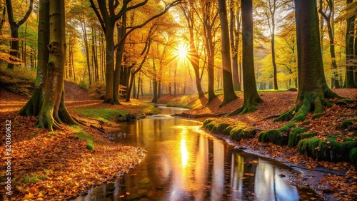 A tranquil forest clearing bathed in golden sunlight, with a carpet of fallen leaves underfoot and a babbling brook winding its way through the trees. photo