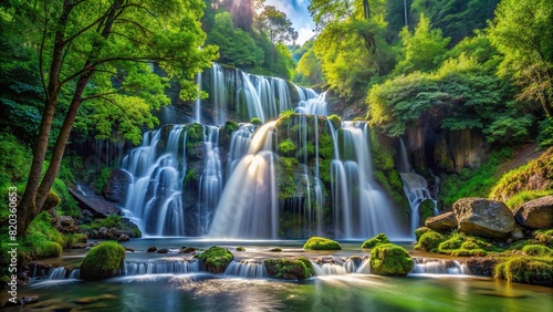 A secluded waterfall hidden deep within the heart of a dense forest, its cascading waters creating a mesmerizing display of beauty and power. photo