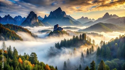 A misty morning in the mountains, where fog envelops the landscape, adding an air of mystery to the towering peaks and dense forests below. photo