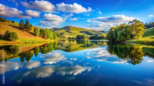 A tranquil lake nestled between rolling hills, its surface mirroring the azure sky above.