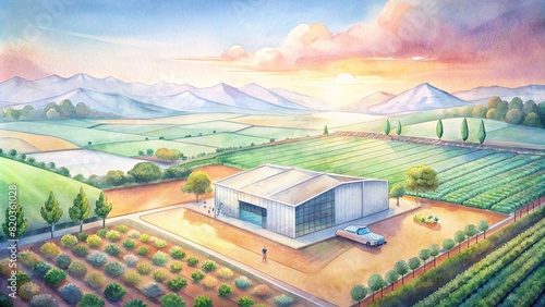 A striking image of a smart agriculture facility surrounded by vibrant fields of crops, showcasing the harmony between technology and nature in modern farming practices #820361028