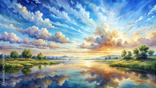A serene landscape with a vast expanse of open sky blending into the horizon, painted with delicate watercolors