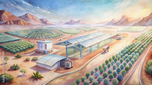 A futuristic depiction of a smart farm in a desert environment, utilizing advanced irrigation systems and solar power to cultivate crops sustainably in harsh conditions