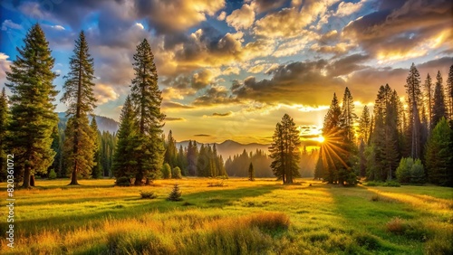 A serene meadow nestled amidst towering trees, bathed in the golden hues of the setting sun. photo