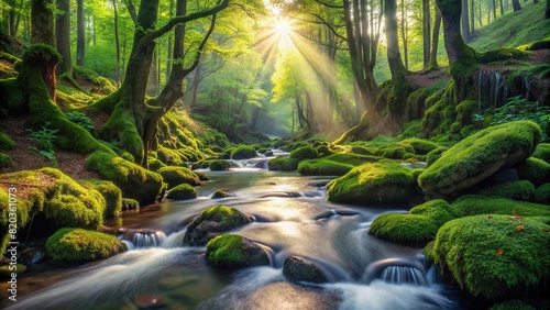 A babbling brook winding its way through a moss-covered forest, with sunlight filtering through the dense canopy above, illuminating patches of vibrant greenery. photo