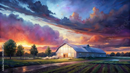 A dramatic shot of a smart farm at dusk, with colorful clouds reflecting the last light of the day, showcasing the beauty of nature enhanced by agricultural technology photo