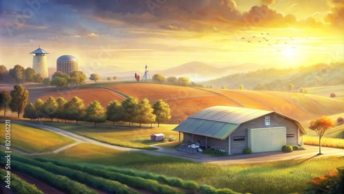 A captivating image of a smart farm bathed in the golden hues of sunset, illustrating the union of cutting-edge technology and the serenity of nature photo