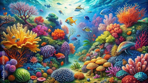 A vibrant portrayal of a coral reef teeming with life, rendered in bold watercolors, showcasing the diversity and beauty of underwater ecosystems
