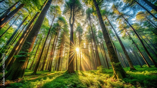 A tranquil forest scene captured in soft focus, with towering trees stretching towards the sky and sunlight filtering through the canopy to illuminate patches of lush undergrowth below. photo