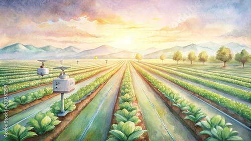 Rows of healthy crops bask in sunlight on a smart farm  where sensors and IoT devices ensure optimal growing conditions  maximizing yield while conserving resources