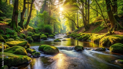 A peaceful river meandering through a sun-dappled forest, with moss-covered rocks lining its banks
