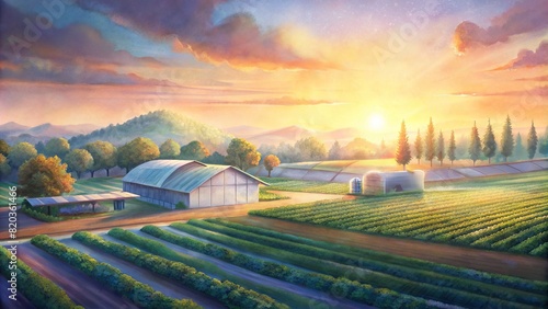 A picturesque sunrise over a smart farm, highlighting the harmonious blend of technology and nature in modern agricultural practices #820361466