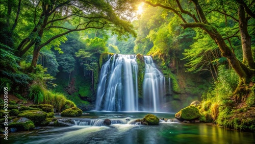 A secluded waterfall hidden deep within a dense forest, its gentle roar echoing through the trees. photo